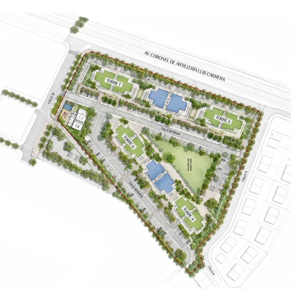 Master plan de Gabriela Mistral: edificios, patio central con áreas verdes y estacionamientos