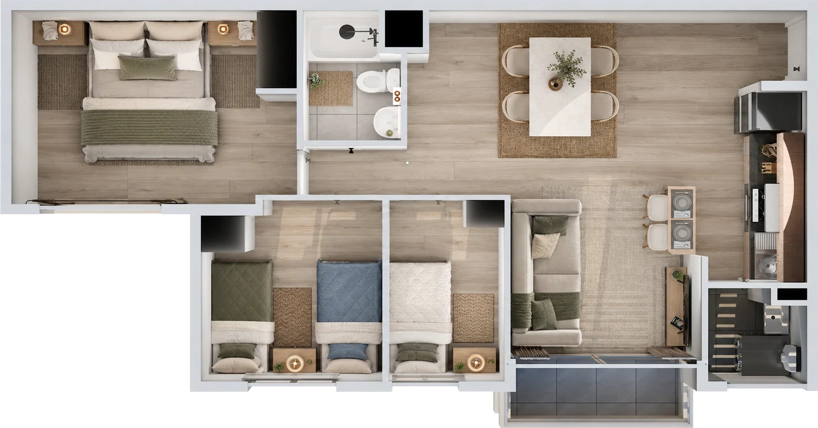 Planta del departamento de 3 dormitorios y 1 baño