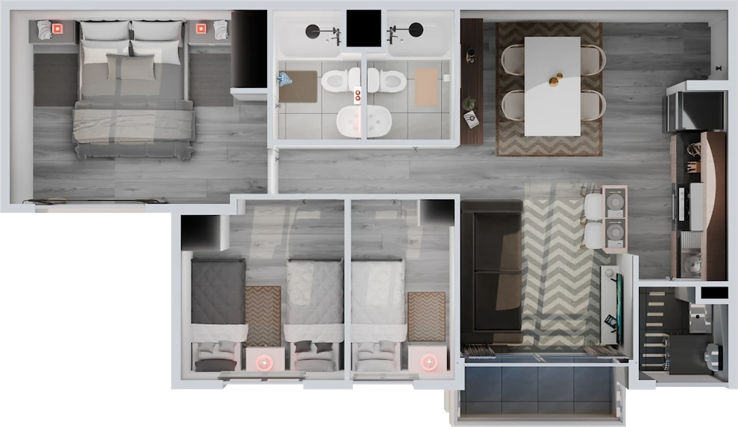 Planta del departamento de 3 dormitorios y 2 baños